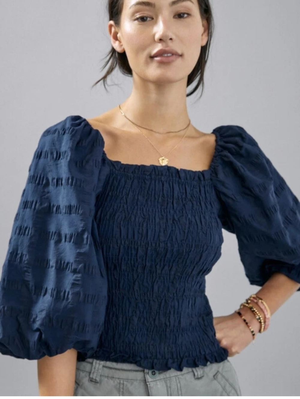 Maeve Anthropologie Bree Milkmaid Smocked Puff Sleeve Crop Top Navy Size S